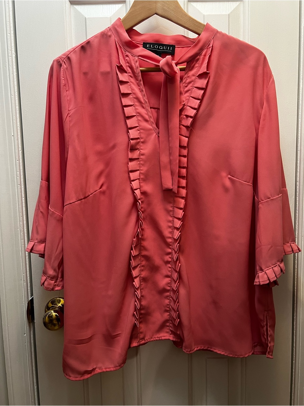 ELOQUII Coral Pink Ruffle Tie-Neck Blouse Sz 16